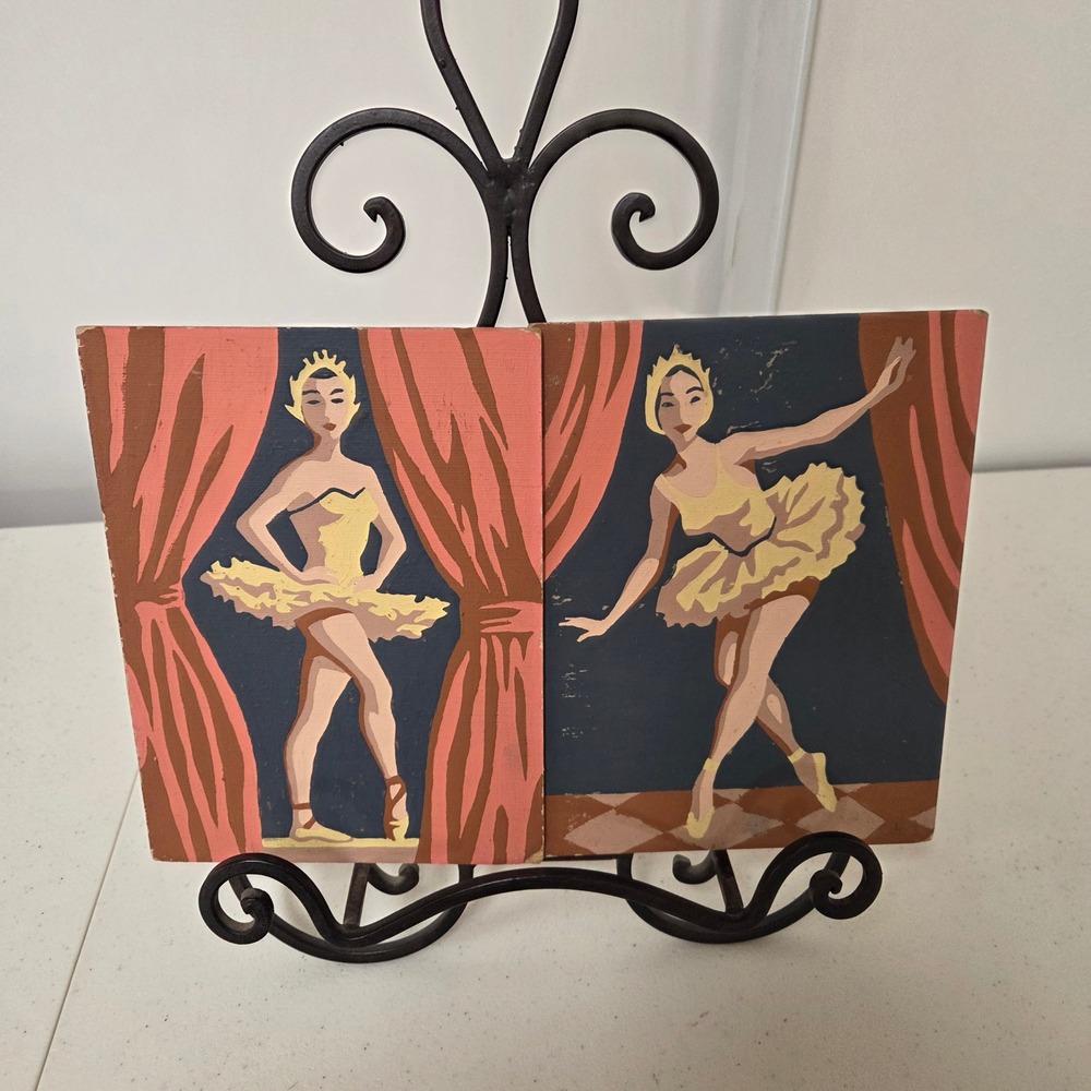 Vintage Mid Century Ballerina Paint by Number Set of 2 Pink Yellow 8x10 Art